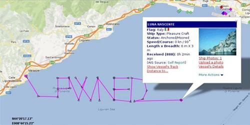 From Trend Micro: Spoof radio signals convinced an online ship tracking service that this fake craft had traveled on a path near Italy that spelled out the hacker term “pwned,” which describes a system that has been compromised by an attacker. ©  SW